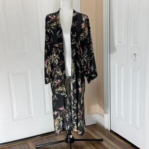 Elan One Size open kimono dressing gown botanical print on black
